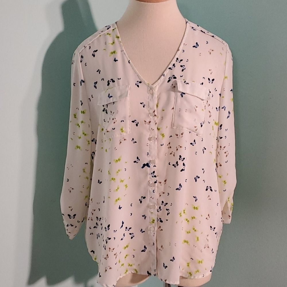 Nue Options blouse, PXL, button, butterfly print, grannycore, mature.